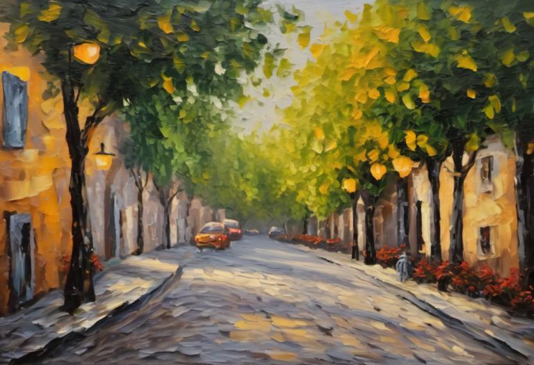 Oil Painting,Oil Painting, City, street, no humans, road, tree, outdoors, scenery, car, traditional media