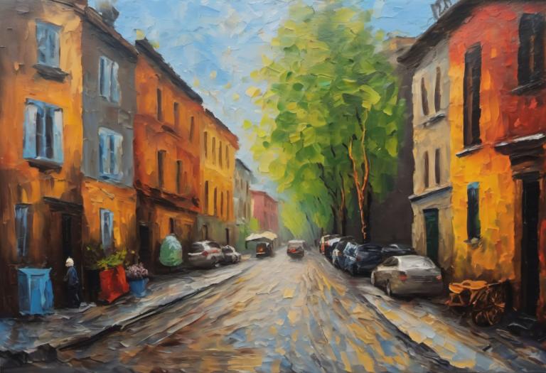 Oil Painting,Oil Painting, City, street, motor vehicle, car, ground vehicle, road, outdoors, tree, scenery