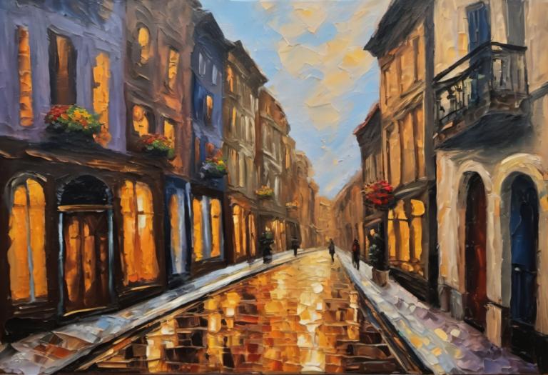 Oil Painting,Oil Painting, City, street, scenery, sky, no humans, outdoors, window, building, arch