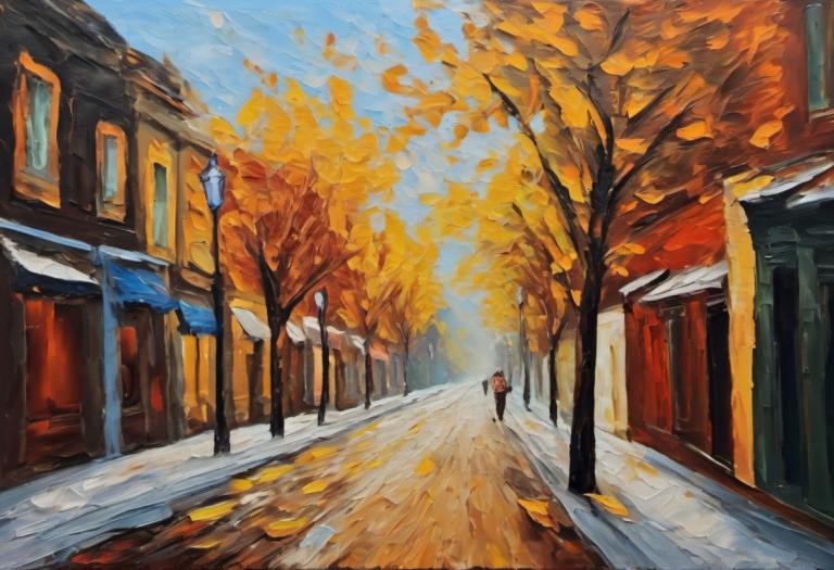 Pittura ad olio,Pittura ad olio, Città, strada, albero, all'aperto, scenario, strada, foglie d'autunno