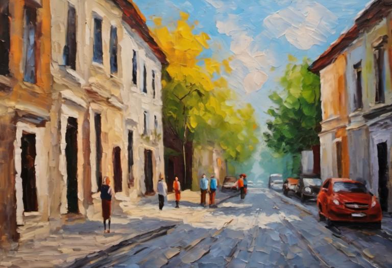 Oil Painting,Oil Painting, City, street, car, motor vehicle, ground vehicle, tree, outdoors, road, sky