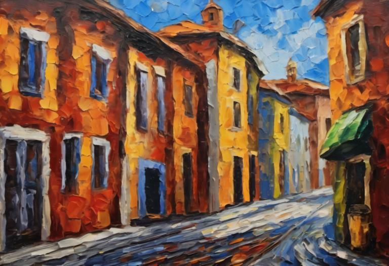 Oil Painting,Oil Painting, City, street, no humans, sky, scenery, traditional media, day, outdoors, blue sky