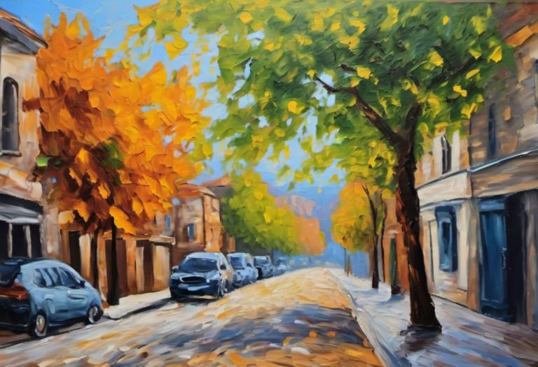 Oil Painting,Oil Painting, City, street, motor vehicle, ground vehicle, tree, car, outdoors, no humans