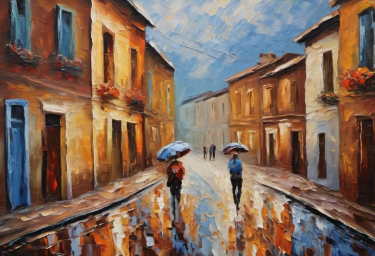 Oil Painting,Oil Painting, City, street, umbrella, traditional media, outdoors, scenery, walking