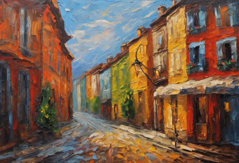 Pittura ad olio,Pittura ad olio, Città, strada, nessun essere umano, scenario, cielo, all'aperto, giorno