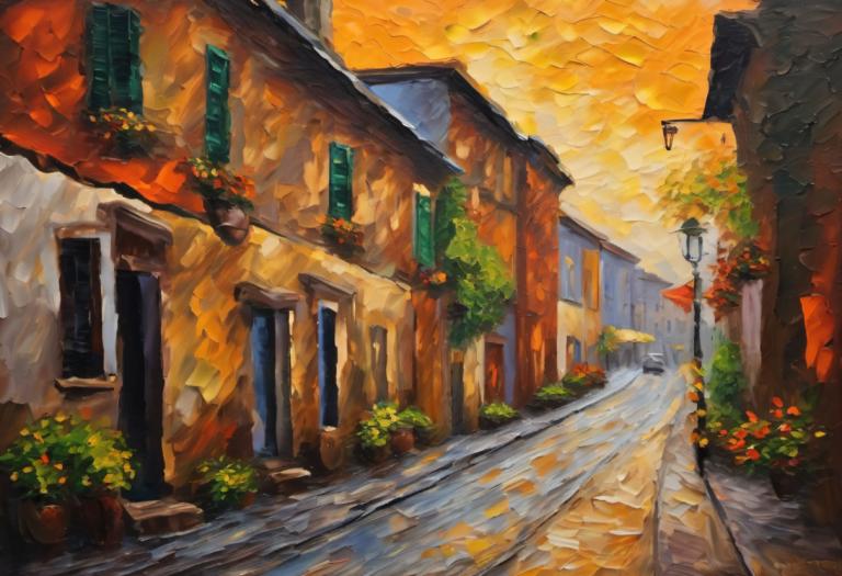 Pittura ad olio,Pittura ad olio, Città, strada, nessun essere umano, scenario, all'aperto, pianta, edificio