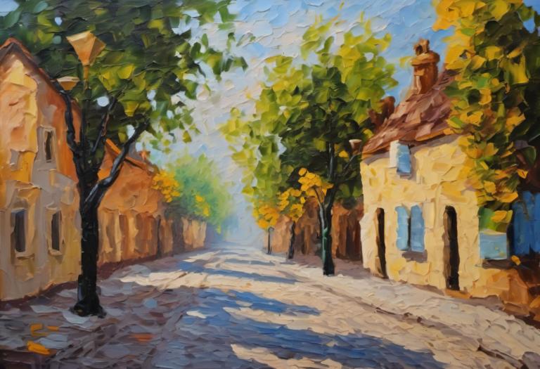 Oil Painting,Oil Painting, City, street, no humans, tree, outdoors, scenery, sky, day, traditional media