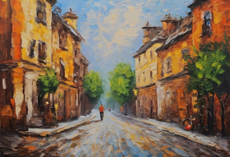 Oil Painting,Oil Painting, City, street, outdoors, scenery, sky, tree, traditional media, road, cloud, day