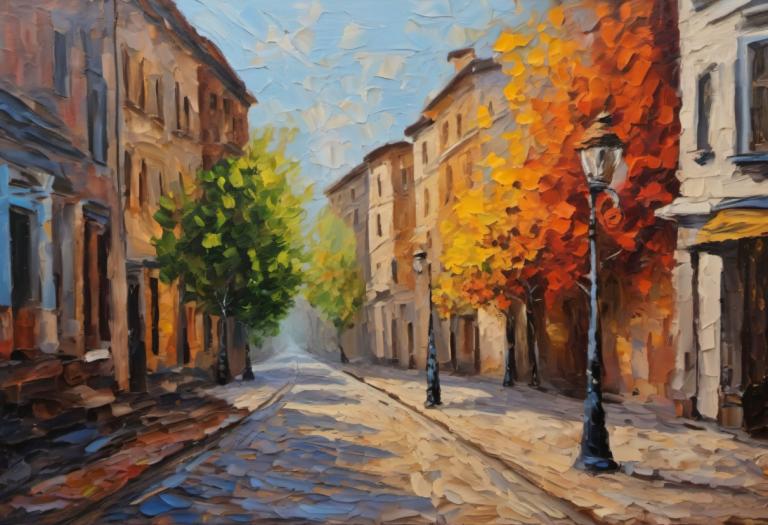 Oil Painting,Oil Painting, City, street, no humans, scenery, outdoors, traditional media, sky, road, lamppost