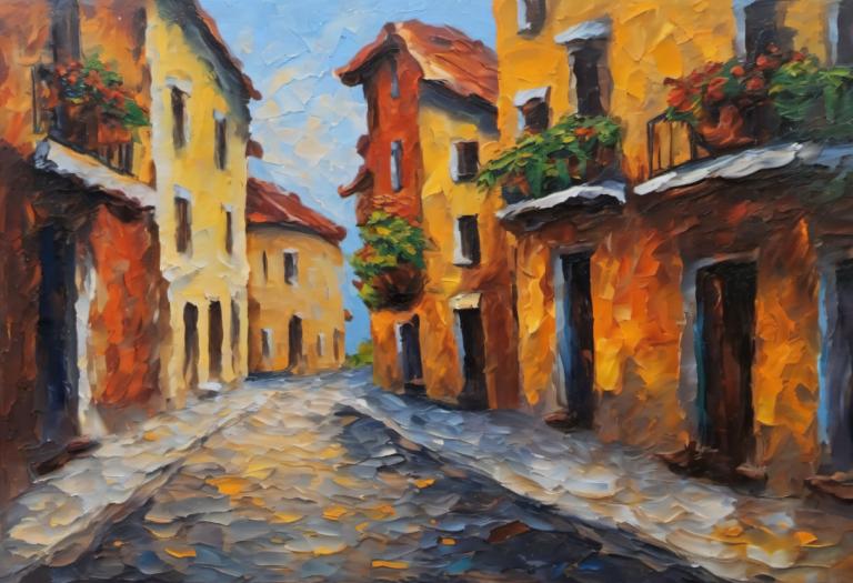 Oil Painting,Oil Painting, City, street, no humans, scenery, outdoors, sky, day, traditional media, blue sky