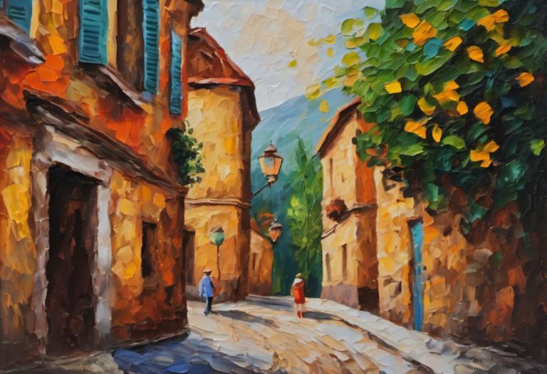 Oil Painting,Oil Painting, City, street, outdoors, road, tree, traditional media, scenery, fruit, building