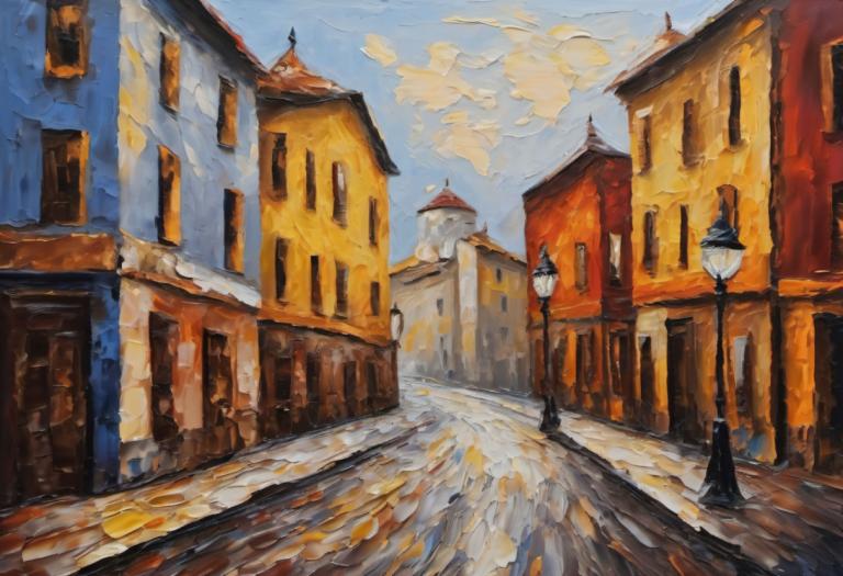 Oil Painting,Oil Painting, City, street, scenery, sky, traditional media, outdoors, no humans