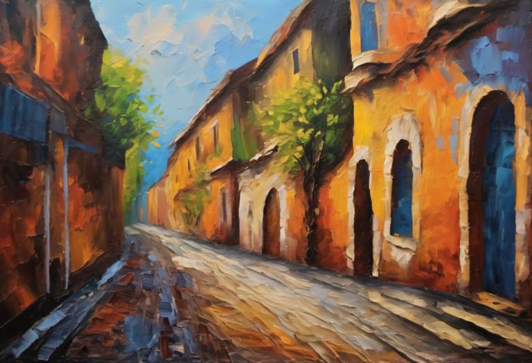 Pittura ad olio,Pittura ad olio, Città, strada, nessun essere umano, scenario, cielo, all'aperto, albero