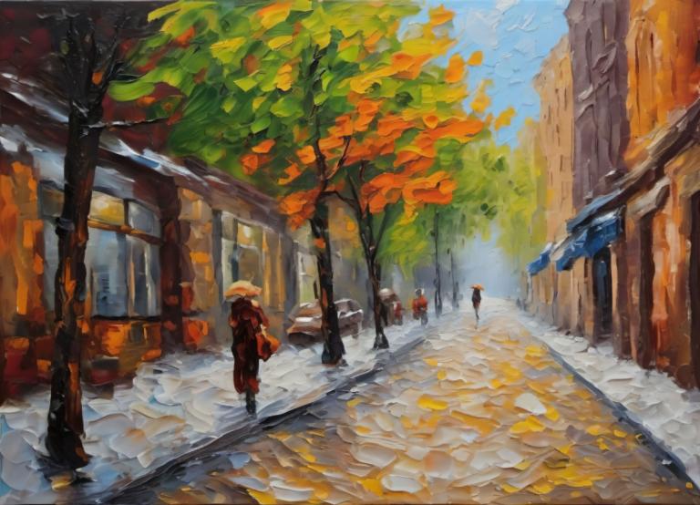 Oil Painting,Oil Painting, City, street, tree, outdoors, road, scenery, day, traditional media, walking