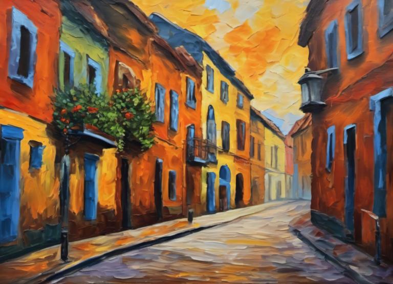 Pittura ad olio,Pittura ad olio, Città, strada, nessun essere umano, scenario, all'aperto, media tradizionali