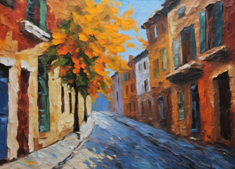 Oil Painting,Oil Painting, City, street, no humans, scenery, outdoors, traditional media, autumn leaves, sky