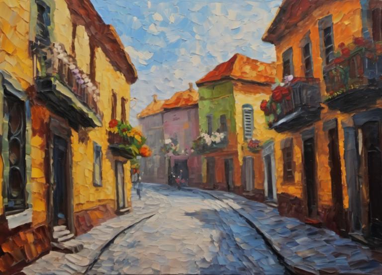 Oil Painting,Oil Painting, City, street, scenery, outdoors, sky, flower, day, traditional media, building