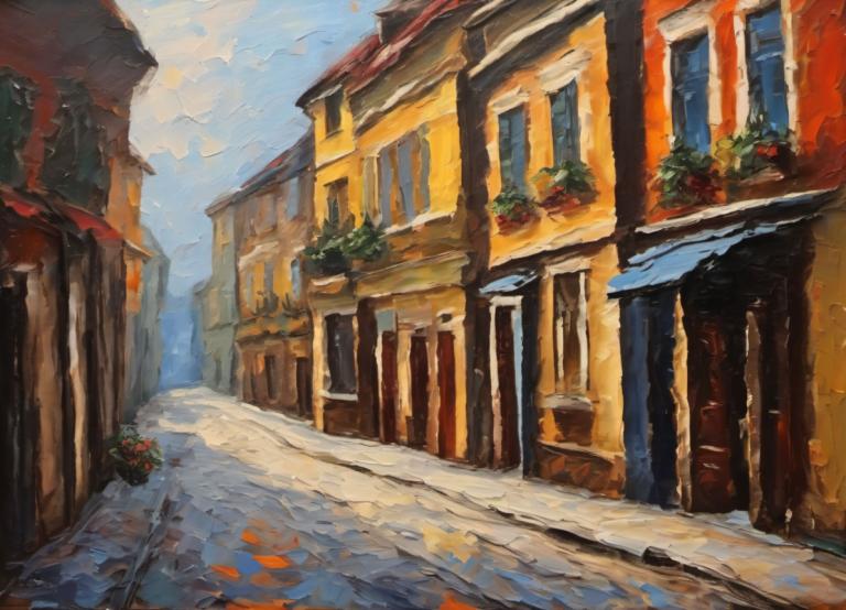 Oil Painting,Oil Painting, City, street, no humans, scenery, outdoors, sky, day, building, traditional media