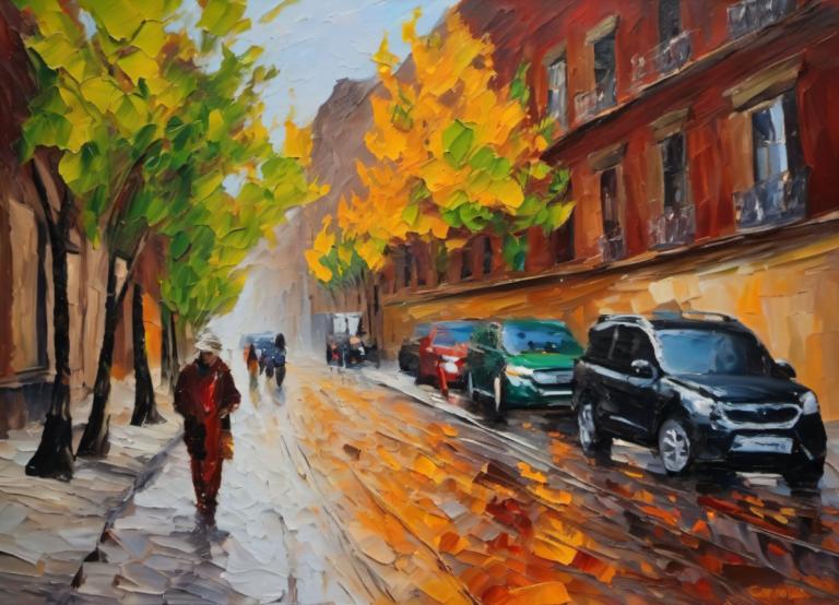 Oil Painting,Oil Painting, City, street, car, motor vehicle, ground vehicle, tree, vehicle focus, road