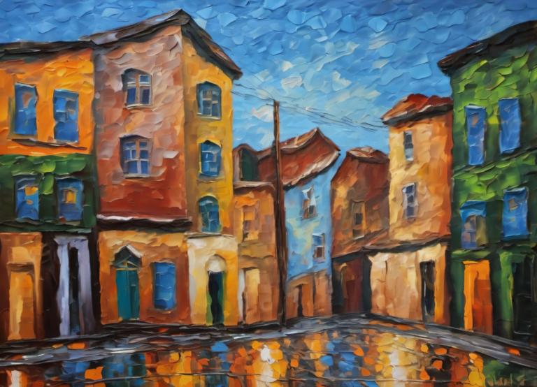 Oil Painting,Oil Painting, City, street, scenery, no humans, sky, outdoors, traditional media, building