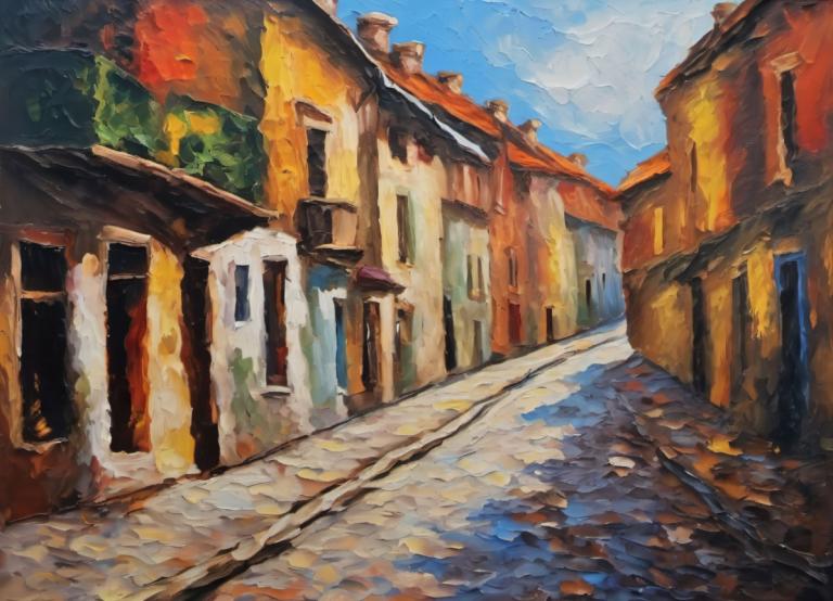 Oil Painting,Oil Painting, City, street, no humans, scenery, sky, outdoors, day, blue sky, traditional media