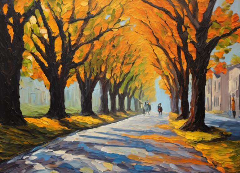 Oil Painting,Oil Painting, City, street, tree, outdoors, scenery, road, autumn leaves, autumn, day, 1boy