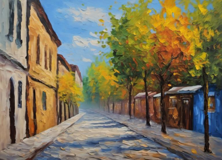 Oil Painting,Oil Painting, City, street, no humans, tree, scenery, sky, outdoors, day, blue sky, cloud