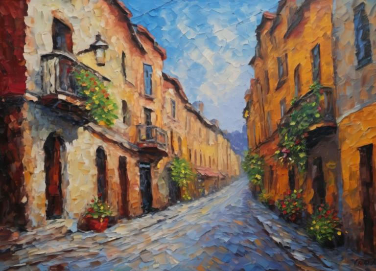 Oil Painting,Oil Painting, City, street, scenery, sky, outdoors, no humans, day, traditional media, building