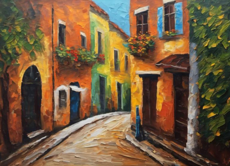 Oil Painting,Oil Painting, City, street, no humans, scenery, traditional media, outdoors, painting (medium)