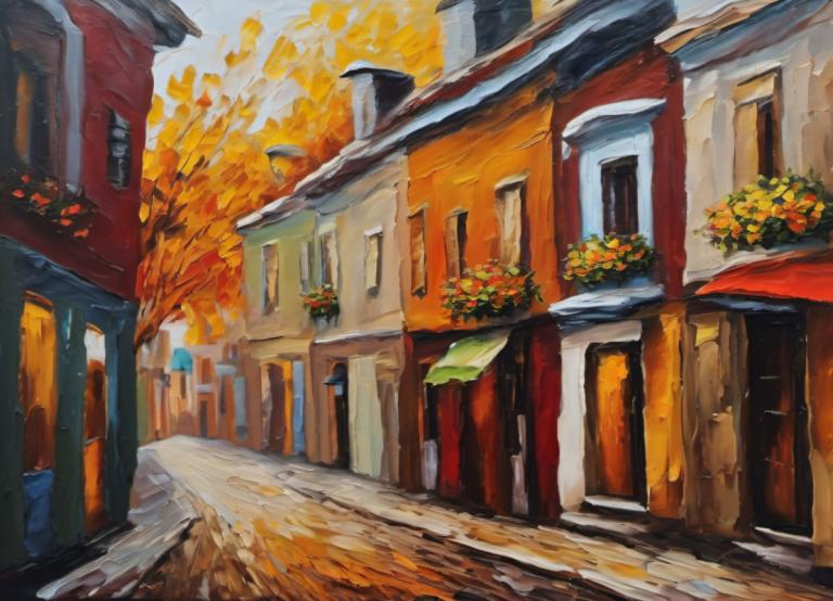 Oil Painting,Oil Painting, City, street, no humans, scenery, traditional media, outdoors, tree, building