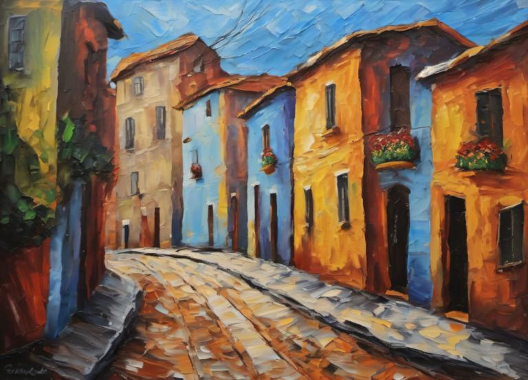 Oil Painting,Oil Painting, City, street, no humans, scenery, sky, outdoors, day, traditional media, blue sky