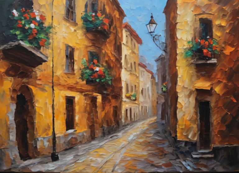 Oil Painting,Oil Painting, City, street, no humans, scenery, outdoors, sky, flower, traditional media, arch