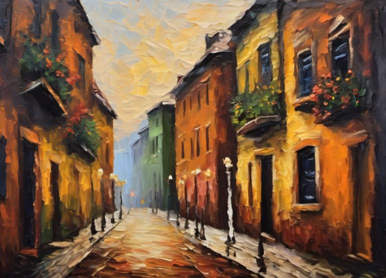 Pintura al óleo,Pintura al óleo, Ciudad, calle, al aire libre, escenario, edificio, cielo, camino, 1 chico