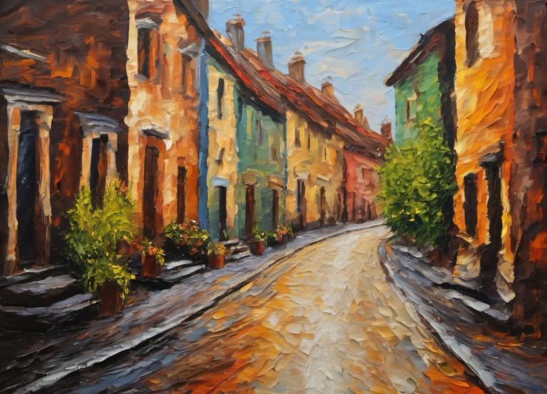 Oil Painting,Oil Painting, City, street, no humans, scenery, sky, outdoors, day, traditional media, plant