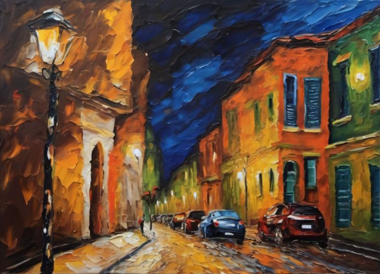 Oil Painting,Oil Painting, City, street, motor vehicle, car, ground vehicle, road, lamppost