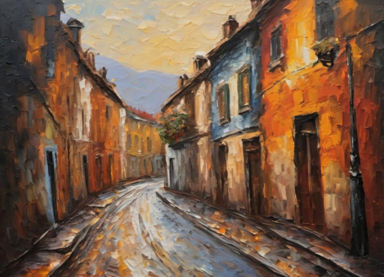 Oil Painting,Oil Painting, City, street, no humans, scenery, outdoors, traditional media, sky, road