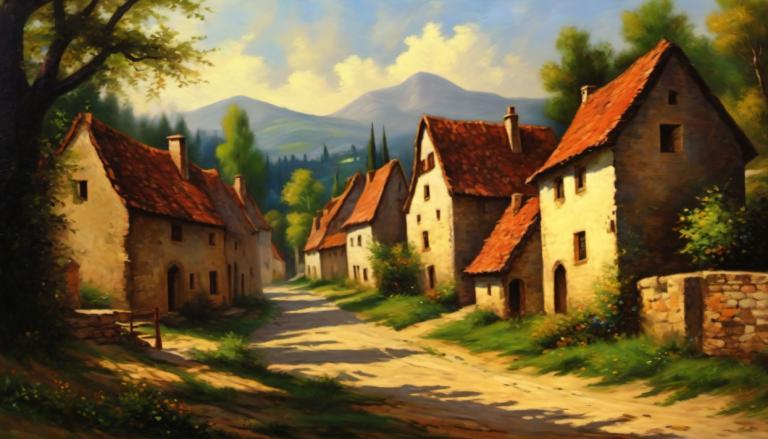 Oil Painting,Oil Painting, Village, village, tree, outdoors, scenery, no humans, cloud, sky, house, grass