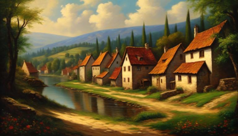 Oil Painting,Oil Painting, Village, village, no humans, scenery, tree, outdoors, cloud, sky, house, day