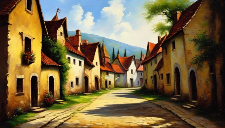 Oil Painting,Oil Painting, Village, village, no humans, scenery, sky, outdoors, cloud, day, tree, house