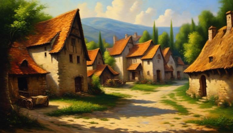 Oil Painting,Oil Painting, Village, village, no humans, scenery, outdoors, sky, cloud, tree, day, grass