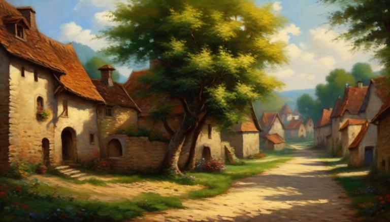 Oil Painting,Oil Painting, Village, village, tree, no humans, scenery, outdoors, sky, cloud, house, day