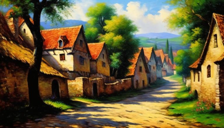 Oil Painting,Oil Painting, Village, village, no humans, tree, scenery, outdoors, sky, cloud, day, house