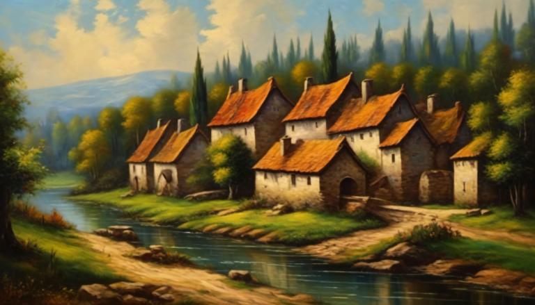 Oil Painting,Oil Painting, Village, village, no humans, scenery, outdoors, cloud, sky, tree, water, day