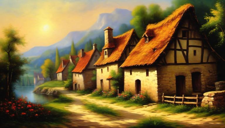 Oil Painting,Oil Painting, Village, village, no humans, scenery, tree, house, outdoors, flower, grass, sun