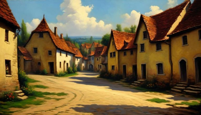 Oil Painting,Oil Painting, Village, village, no humans, sky, outdoors, scenery, cloud, day, house, blue sky