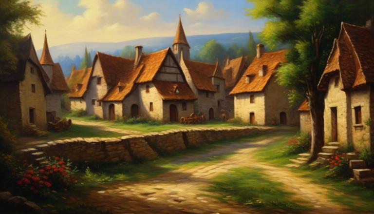 Oil Painting,Oil Painting, Village, village, tree, scenery, no humans, outdoors, house, sky, cloud, grass