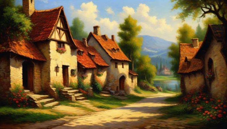 Oil Painting,Oil Painting, Village, village, no humans, scenery, tree, outdoors, sky, house, cloud, day