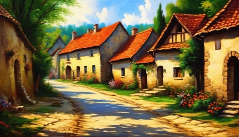 Oil Painting,Oil Painting, Village, village, no humans, tree, outdoors, scenery, sky, cloud, house, day