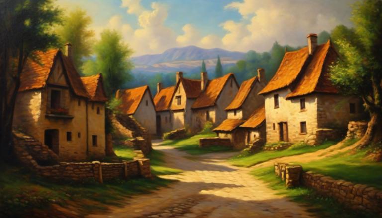 Oil Painting,Oil Painting, Village, village, no humans, outdoors, scenery, tree, sky, cloud, house, grass