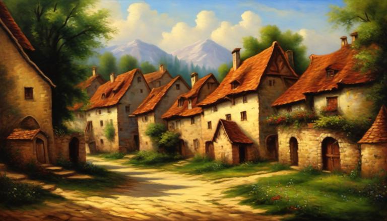 Oil Painting,Oil Painting, Village, village, no humans, scenery, outdoors, tree, sky, cloud, house, day